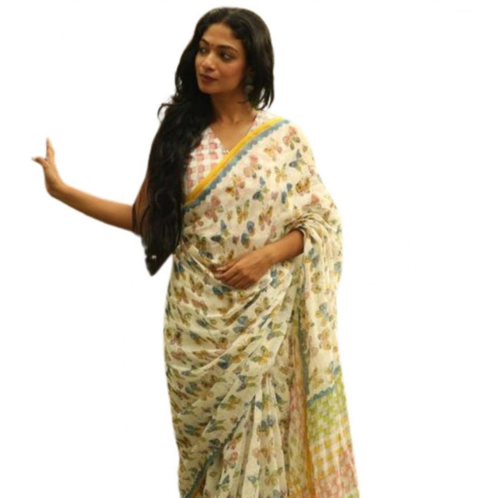 Women's Linen Printed Saree With Unstitched Blouse 5.5Mtr (White)