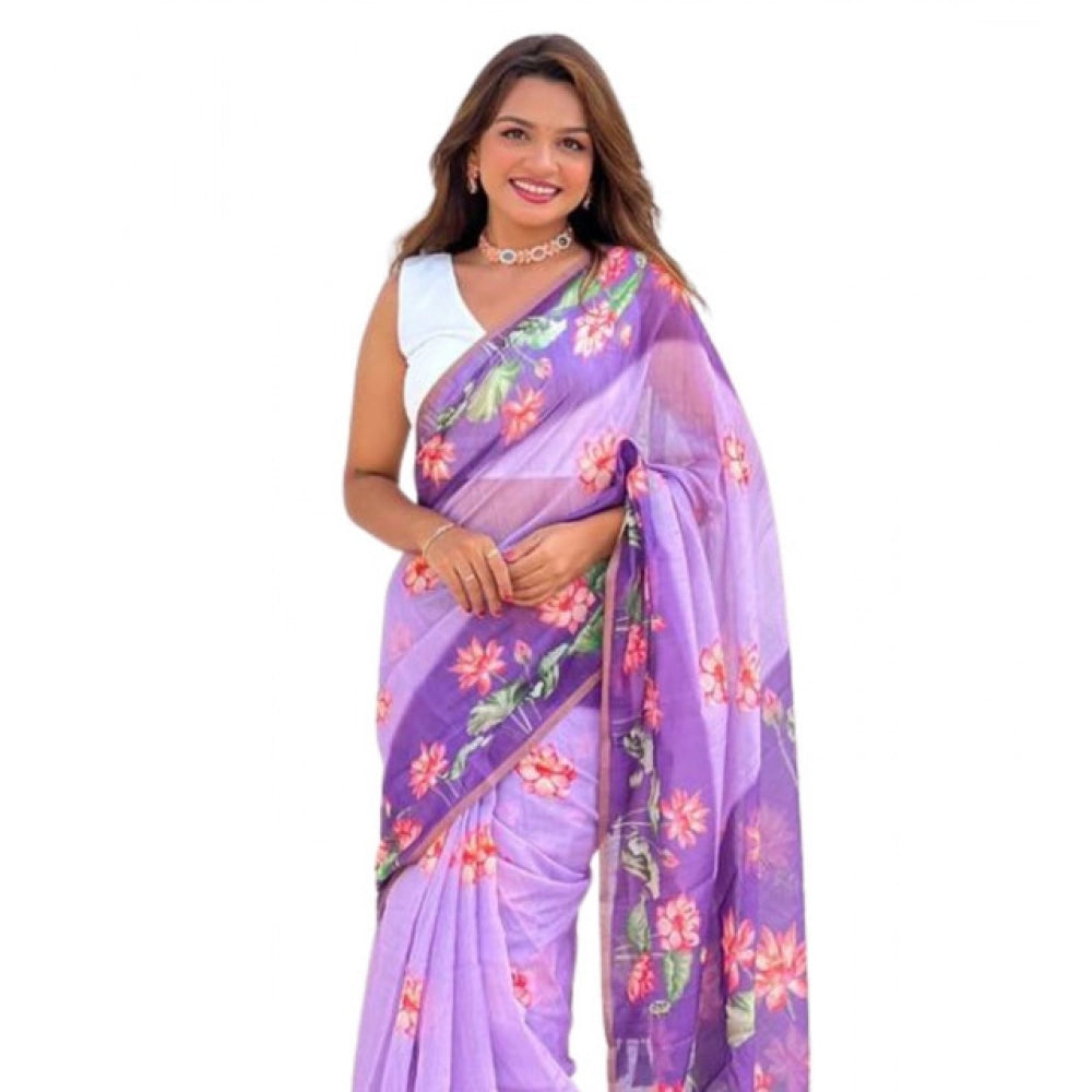 Women's Linen Printed Saree With Unstitched Blouse 5.5Mtr (Purple)