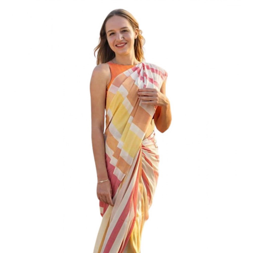 Women's Linen Printed Saree With Unstitched Blouse 5.5Mtr (Yellow)
