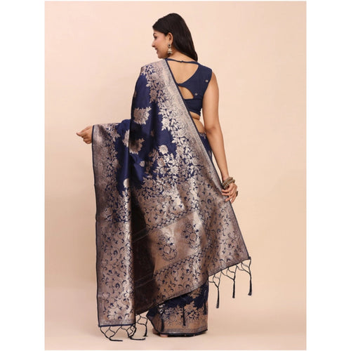 Women's Banarasi Silk Printed Saree With Unstitched Blouse 5.5Mtr (Navy Blue)